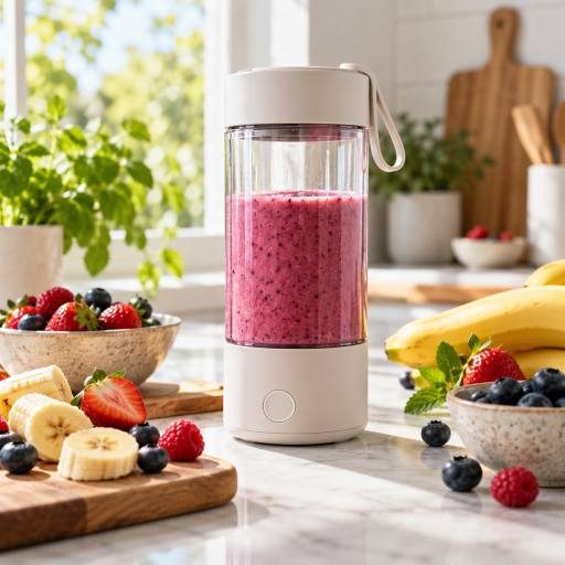 Portable wireless juicer blending berries and banana on a bright kitchen counter