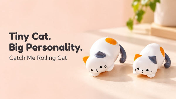 Two miniature rolling cat toys beside the headline Tiny Cat. Big Personality.