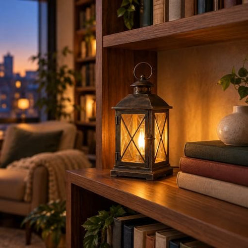A Bookshelf Lantern Changes the Mood After Dark