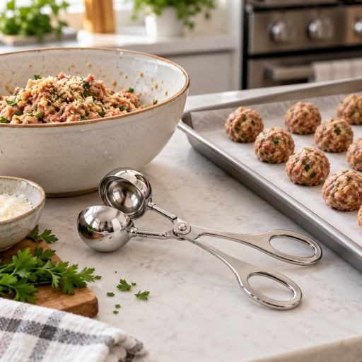 Stainless meatball maker spoon beside a preparation bowl and evenly portioned tray