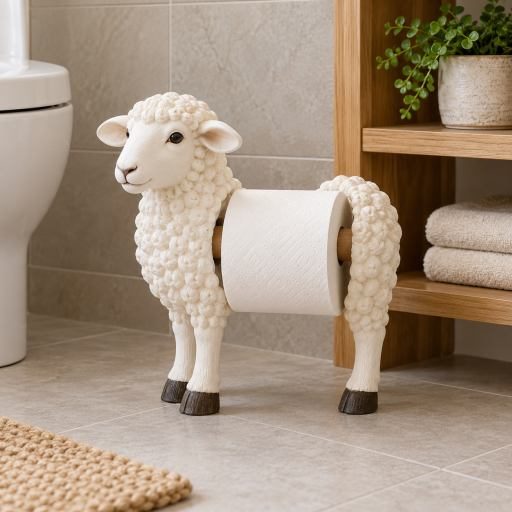 White sheep-shaped toilet paper holder with a roll in a tidy neutral bathroom