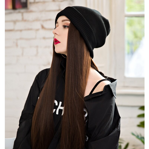 Knitted Long Hair Wig Beanie - Image 0