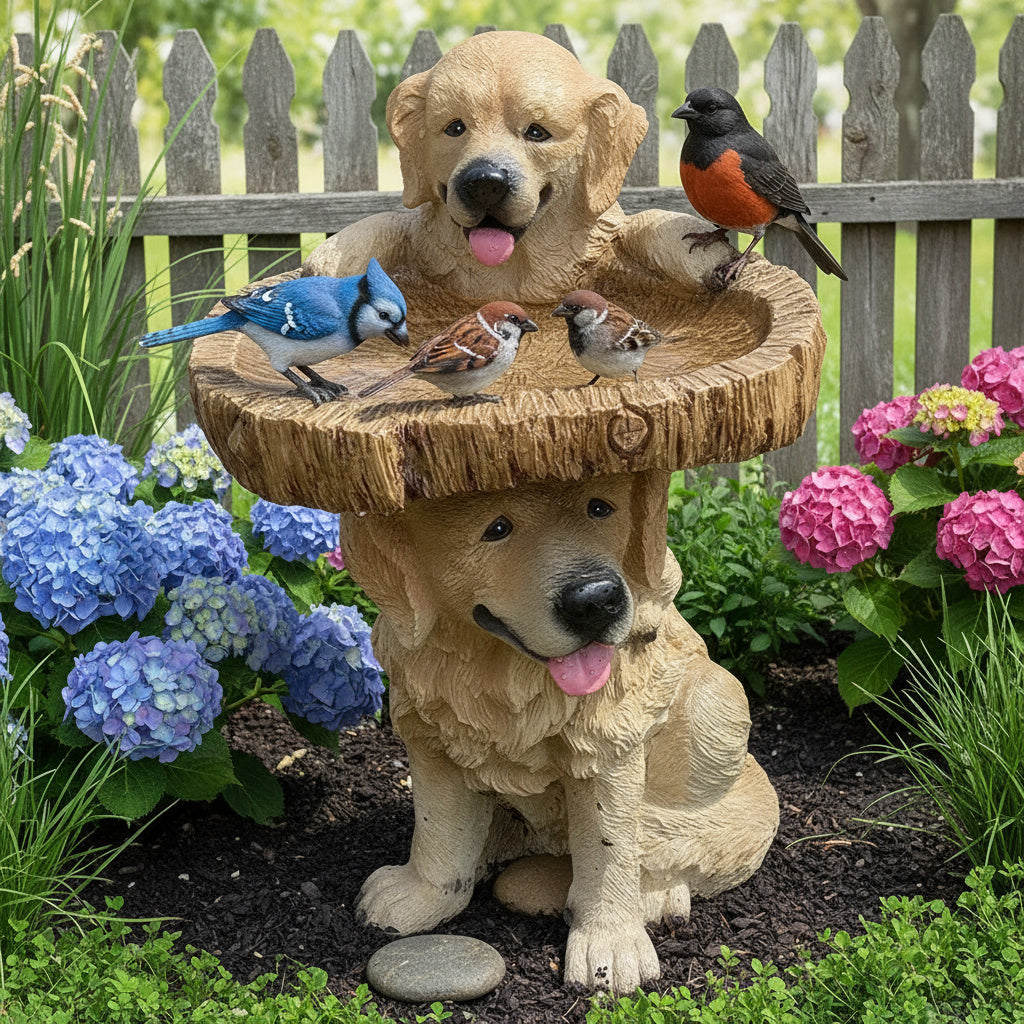 Golden Retriever Puppy Bird Bath Garden Statue - Image 0
