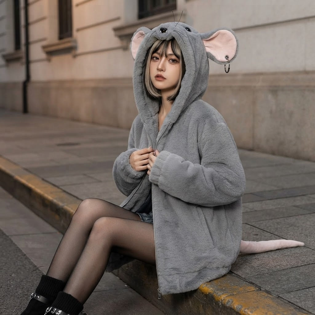 Street Mouse Oversized Plush Zip Hoodie Jacket · Mavigadget