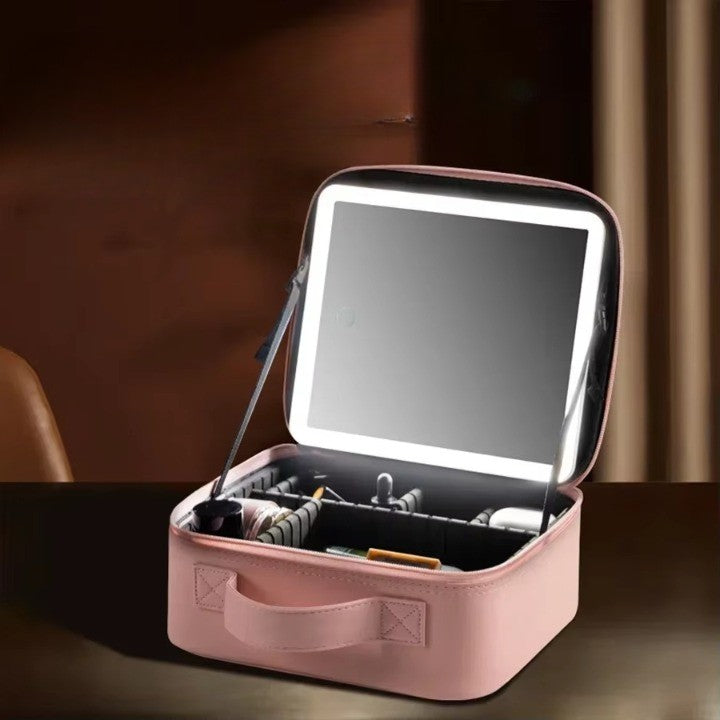 habe travel makeup bag with mirror organize Makeup Bag with Mirror and Lights Travel Makeup Train Case Cosmetic Bag Organizer Pink