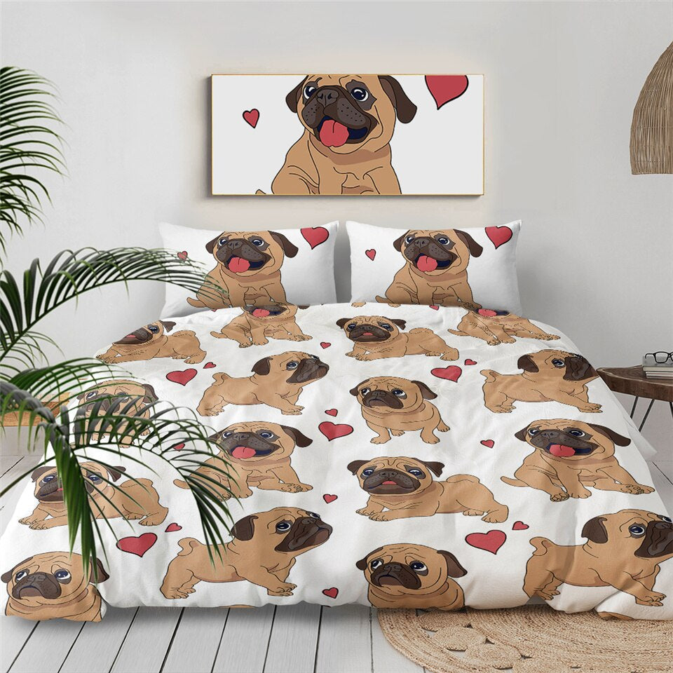 3pcs Hippie Pug Puppy Cartoon Comfortable Duvet Cover Bedding Set