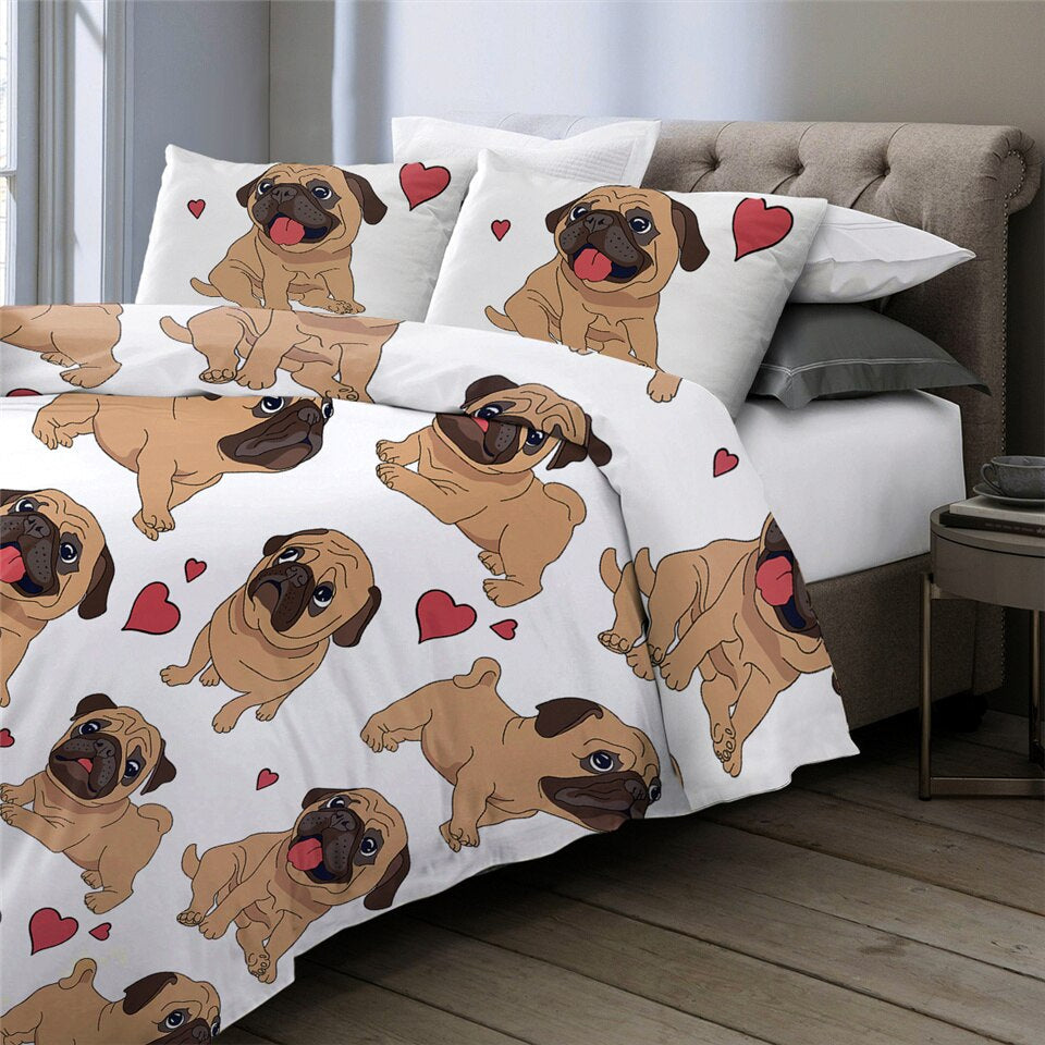 3pcs Hippie Pug Puppy Cartoon Comfortable Duvet Cover Bedding Set