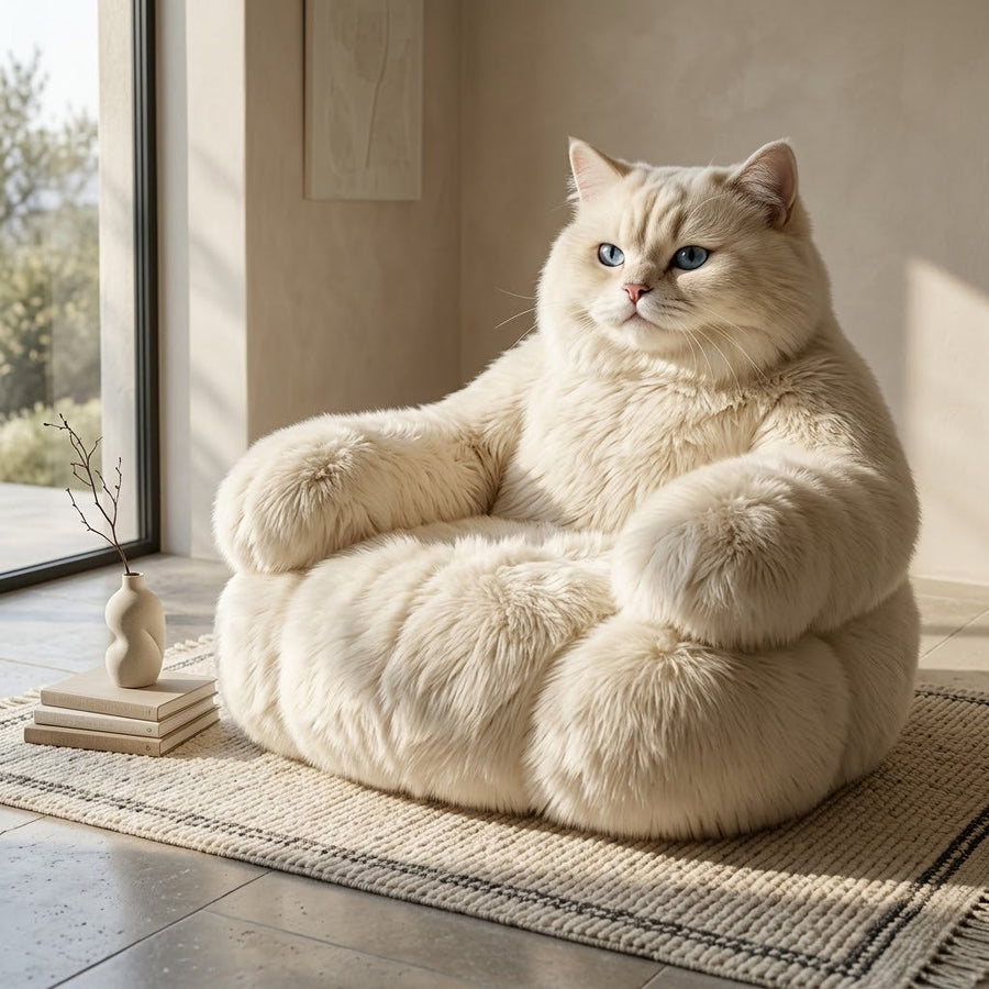 Lazy Giant White Cat Plush Lounge Sofa - Image 1