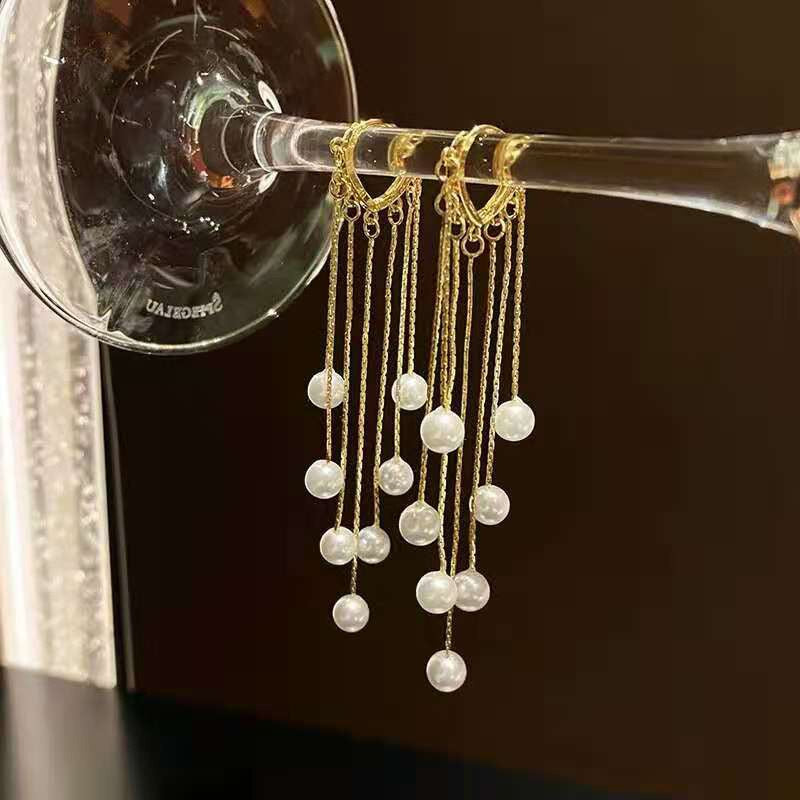 Exquisite Long Tassel Pearl Drop Earrings