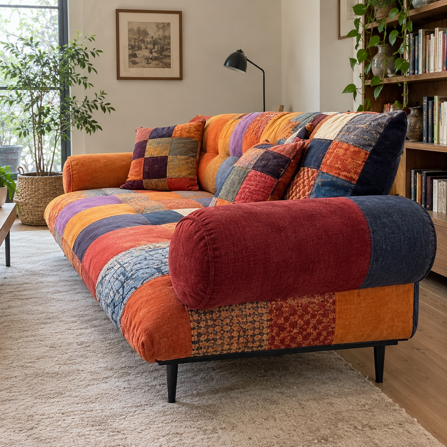 Patchwork-Sofa in Sonnenuntergangsfarben