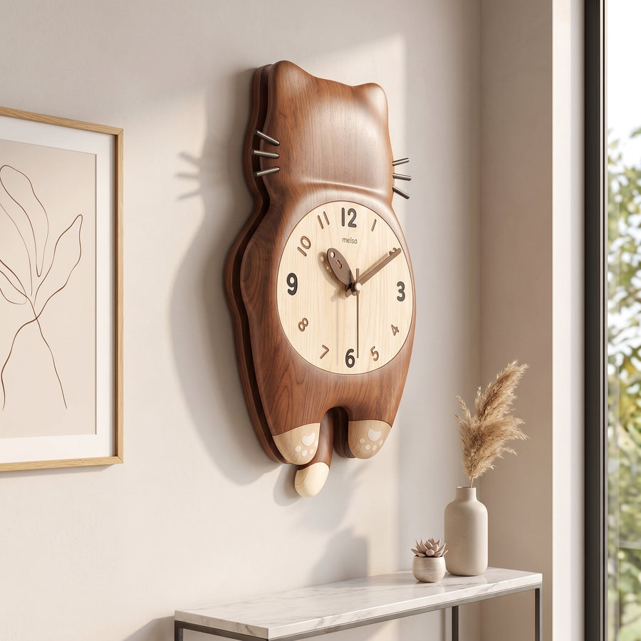 Tail Wagging Cat Shaped Wooden Wall Clock - Image 0
