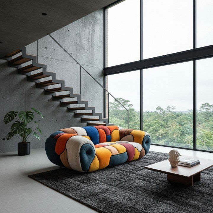 Colorful Mosaic Patchwork Curved Velvet Lounge Sofa - Image 3