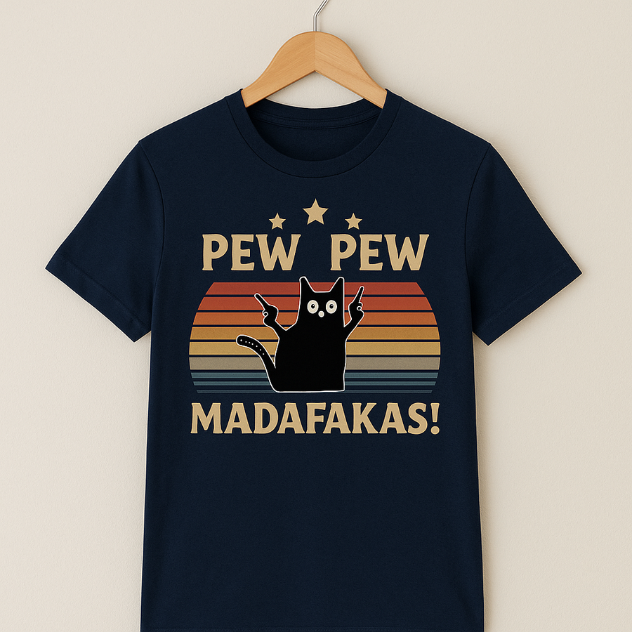 Pew Pew Funny Cat Retro T-Shirt - Image 3