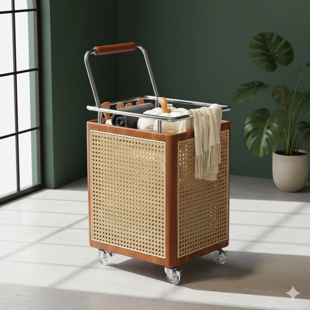 Nordic Rattan Style Rolling Storage Basket - Image 3