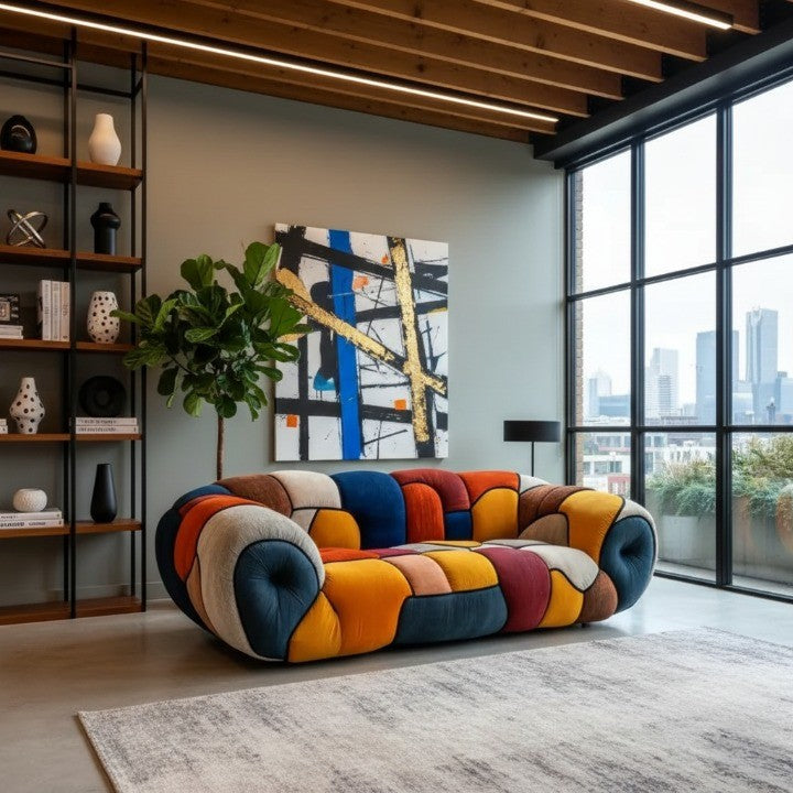 Colorful Mosaic Patchwork Curved Velvet Lounge Sofa - Image 1