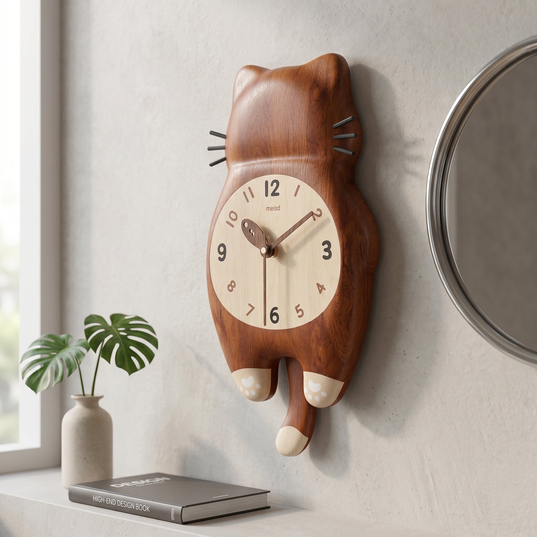 Tail Wagging Cat Shaped Wooden Wall Clock - Image 2