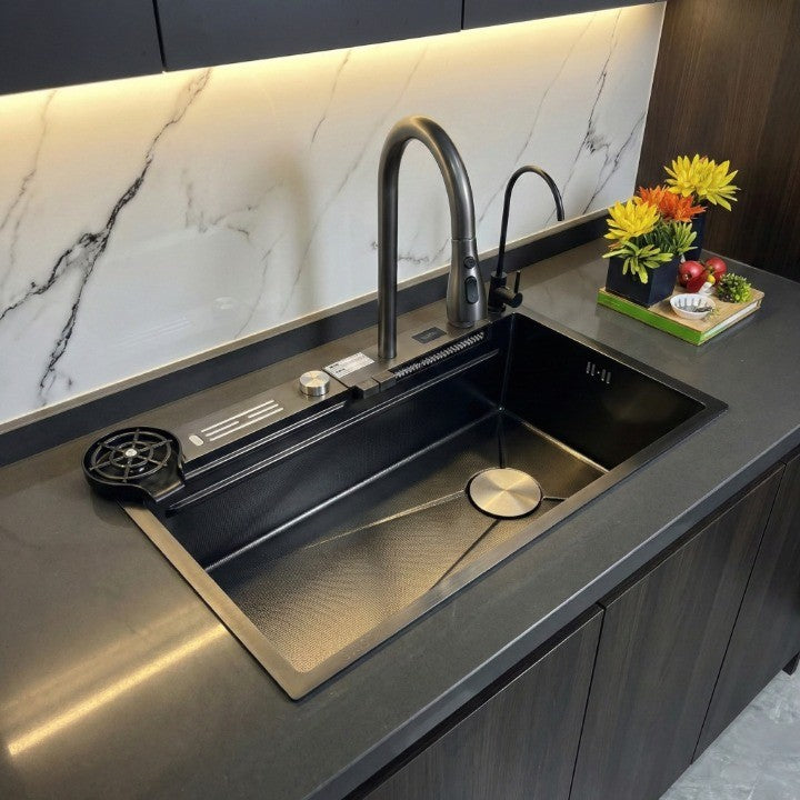 Black Sculpted Arc Workstation Modern Kitchen Sink - Image 3