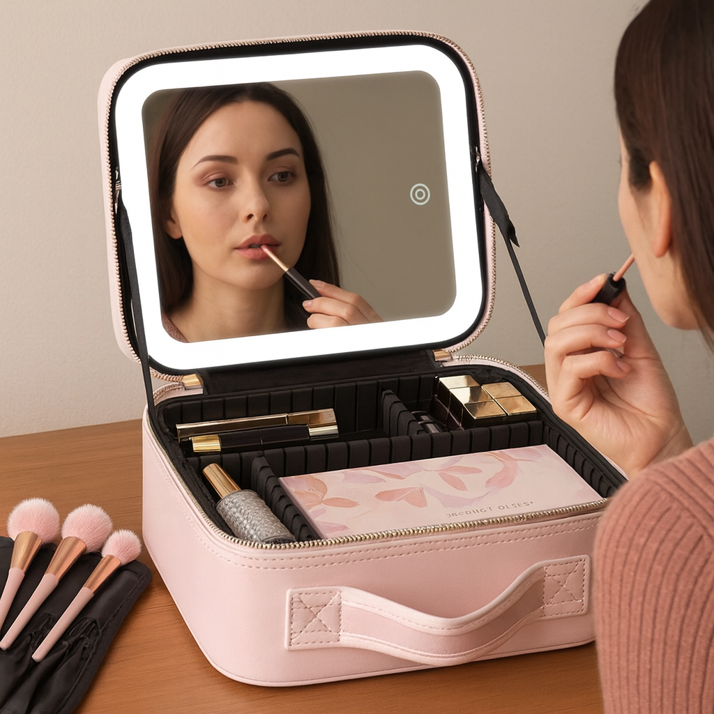 best travel makeup bag with mirror Makeup Bag with Mirror and Lights Travel Makeup Train Case Cosmetic Bag Organizer Pink