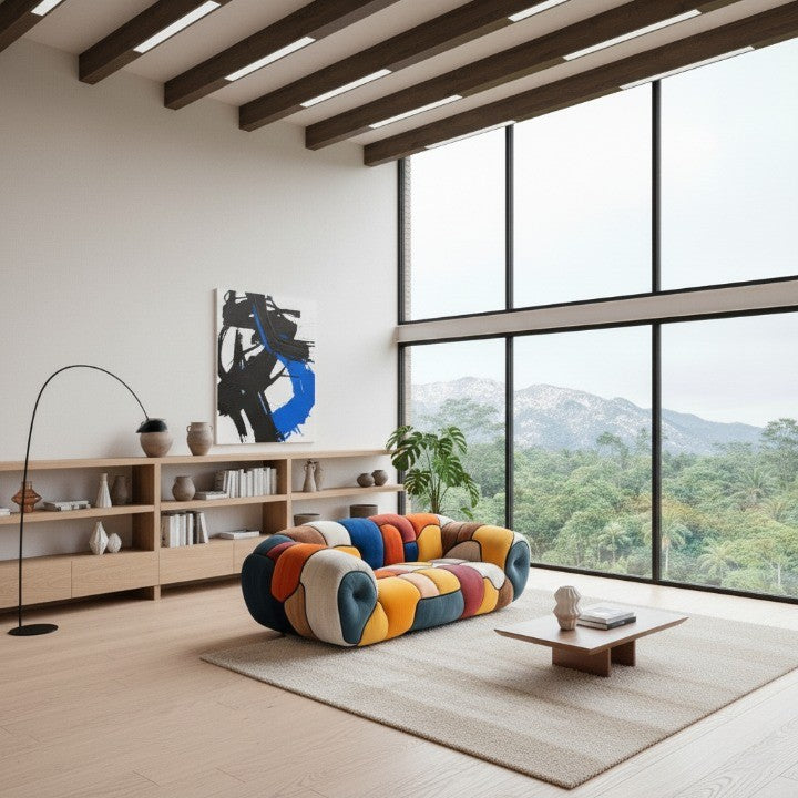 Colorful Mosaic Patchwork Curved Velvet Lounge Sofa - Image 6