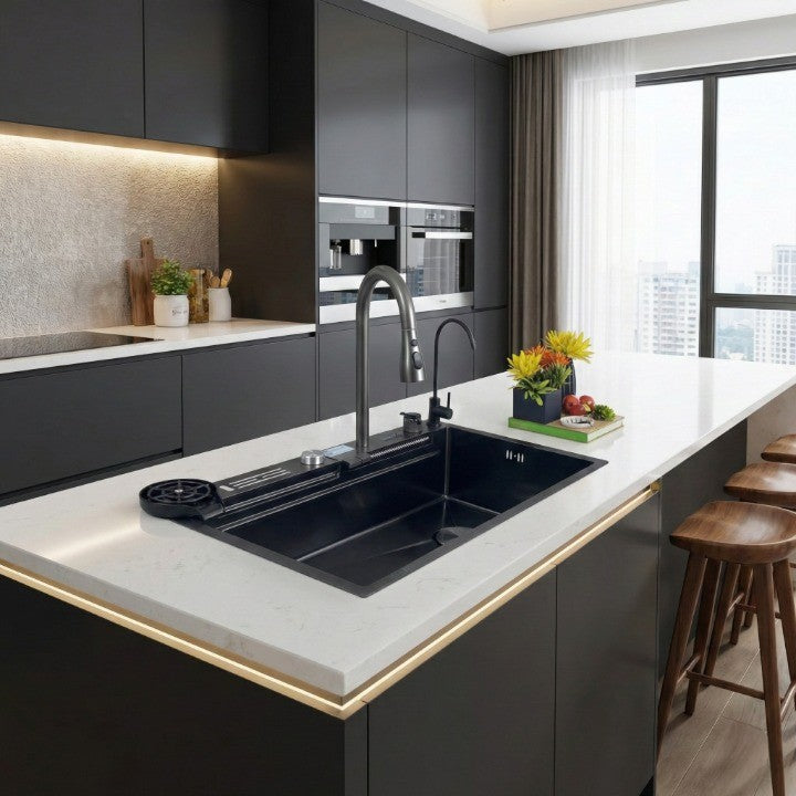 Black Sculpted Arc Workstation Modern Kitchen Sink - Image 2