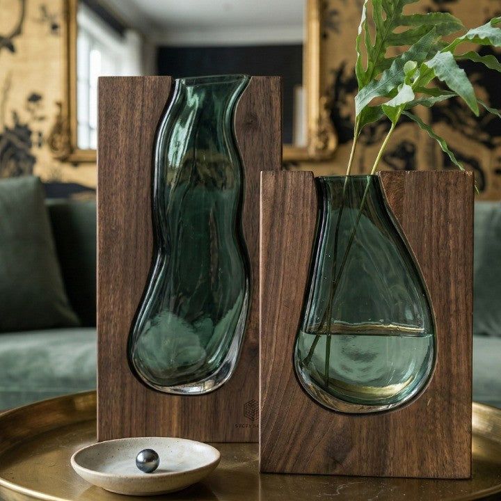 Geometric Wooden Glass Accent Flower Vase - Image 2