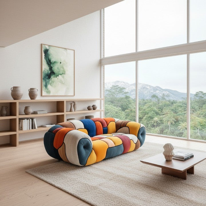 Colorful Mosaic Patchwork Curved Velvet Lounge Sofa - Image 4