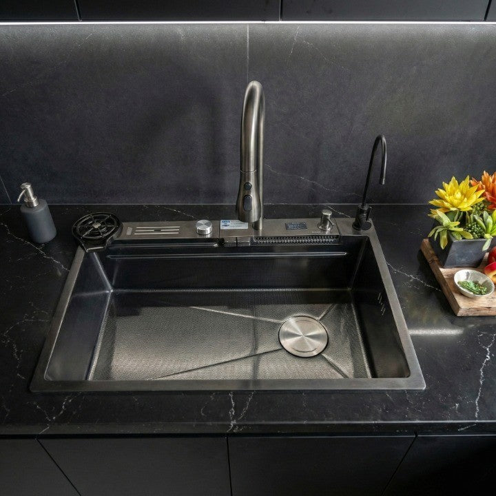 Black Sculpted Arc Workstation Modern Kitchen Sink - Image 5