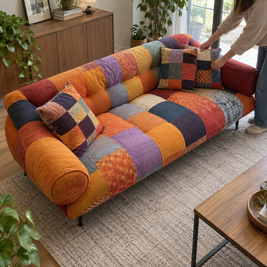 Patchwork-Sofa in Sonnenuntergangsfarben