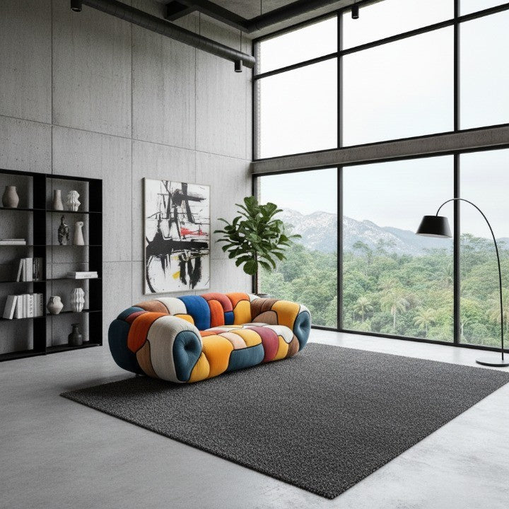 Colorful Mosaic Patchwork Curved Velvet Lounge Sofa - Image 5