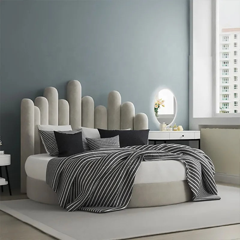 Scandinavian-Inspired Round Upholstered Wave Headboard Bed - Image 0