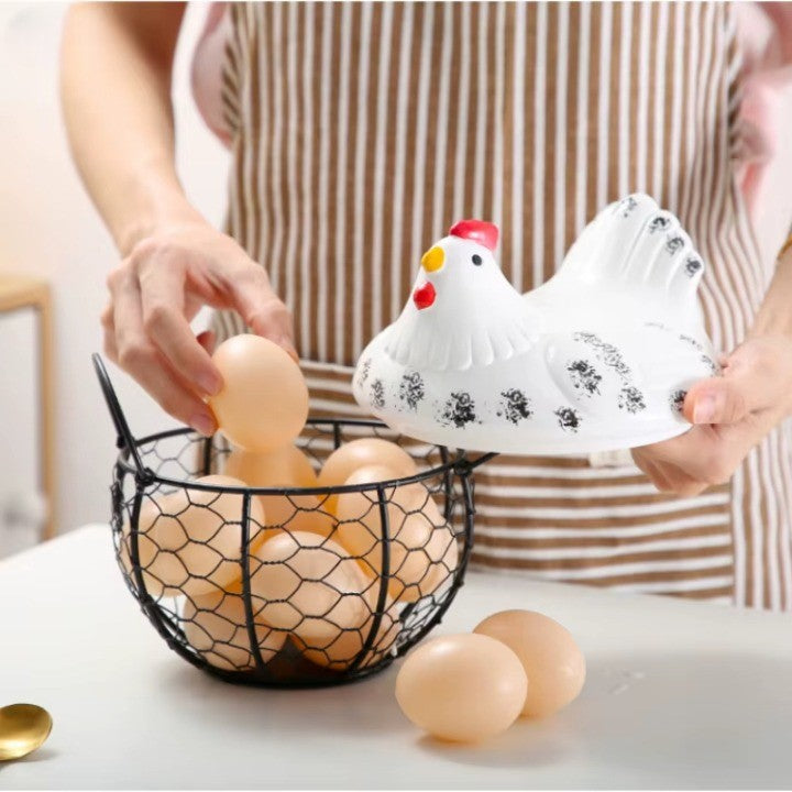 Ceramic Egg Holder Chicken with Wire Basket - Image 4