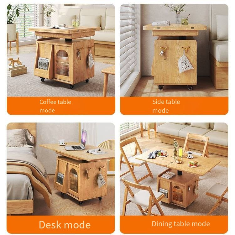 Japandi Natural Wood Liftable Wheeled Accent Table - Image 6