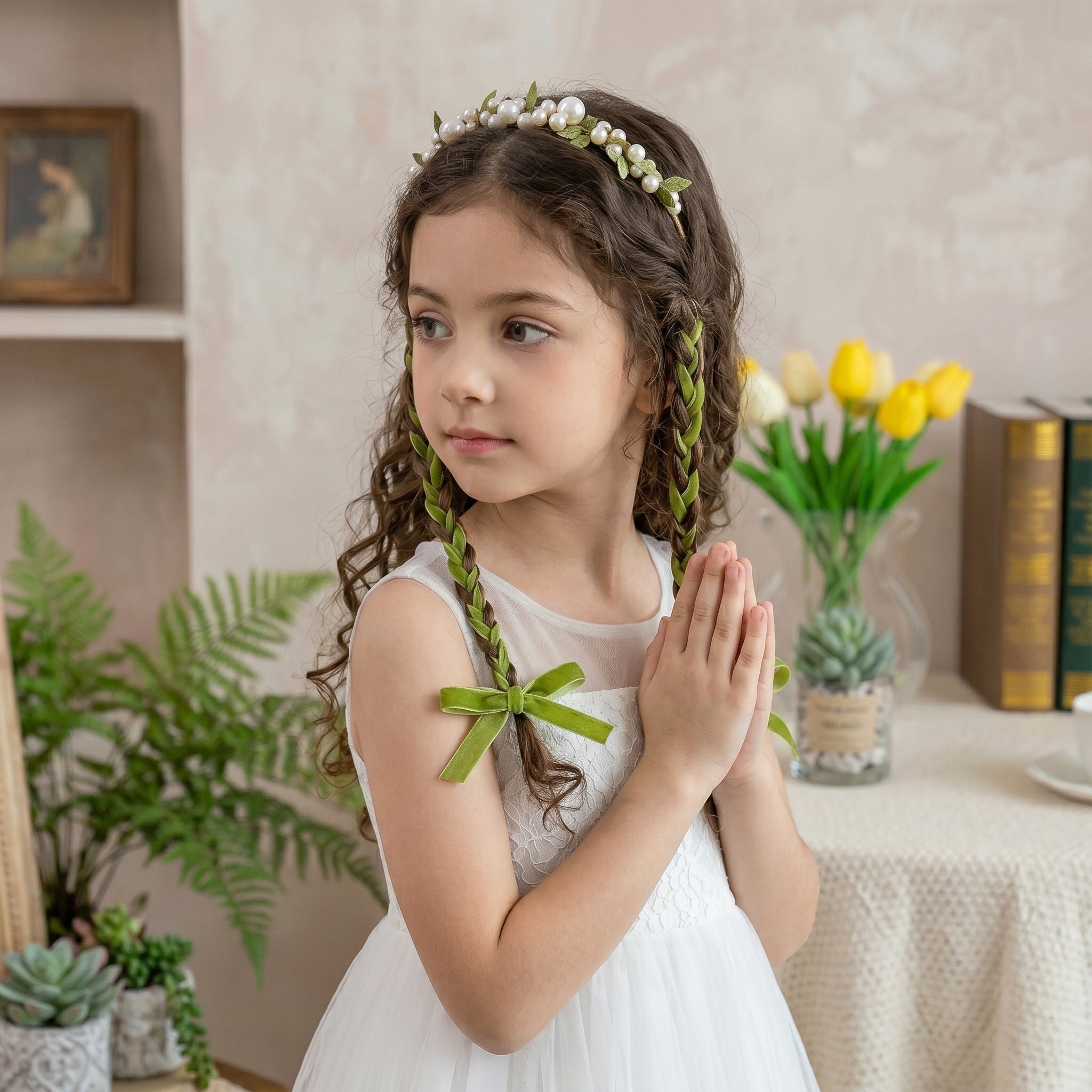 Forest Fairy Green Vine Pearl Kids Braided Headband - Image 2