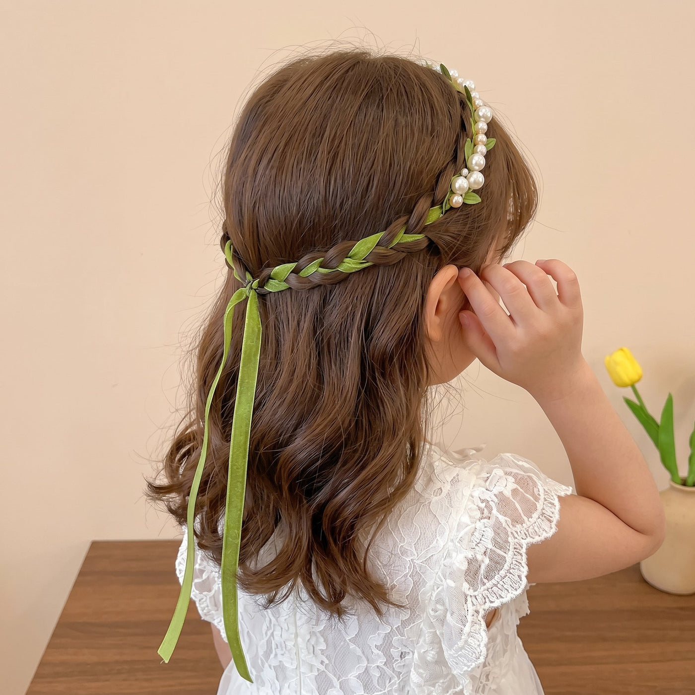 Forest Fairy Green Vine Pearl Kids Braided Headband - Image 3