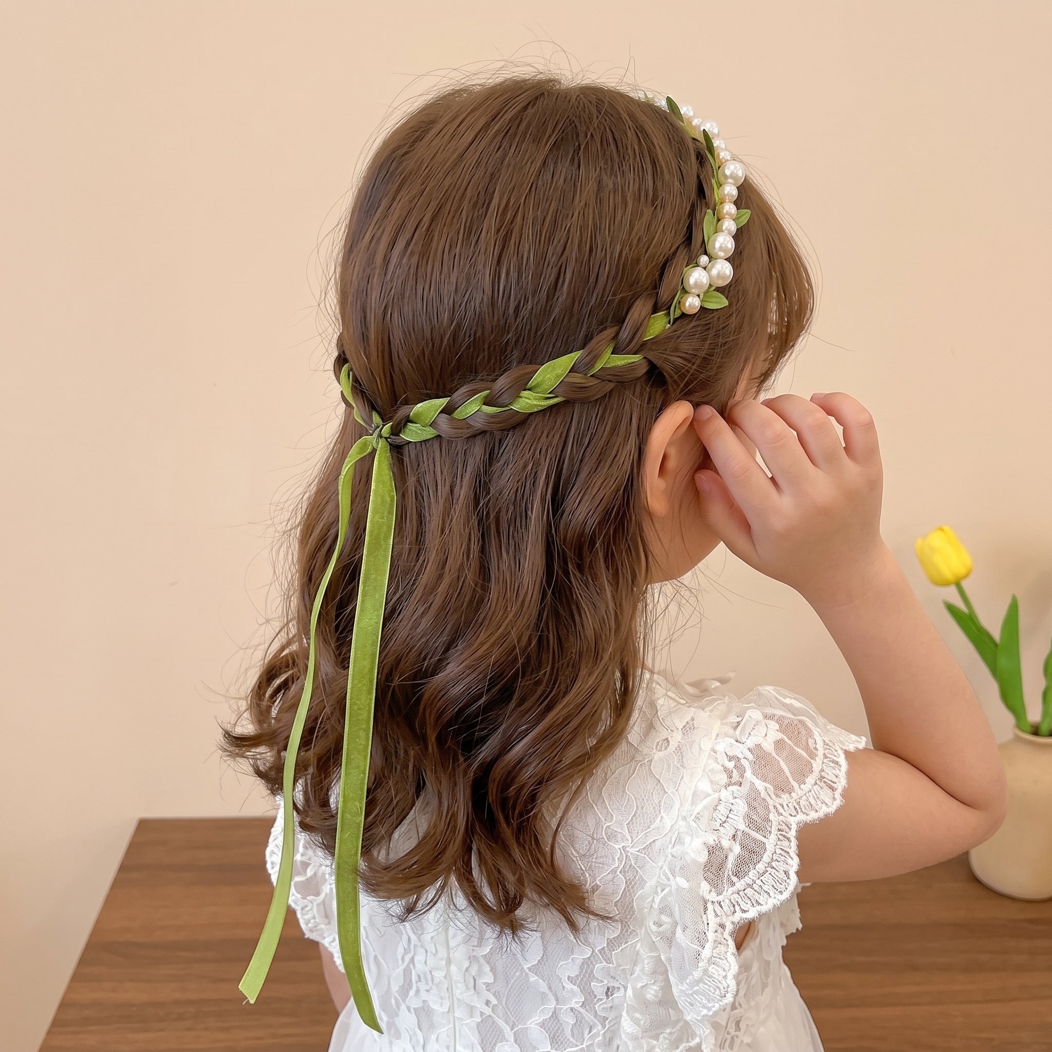 Forest Fairy Green Vine Pearl Kids Braided Headband - Image 3