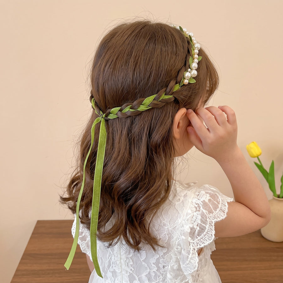 Forest Fairy Green Vine Pearl Kids Braided Headband - Image 3