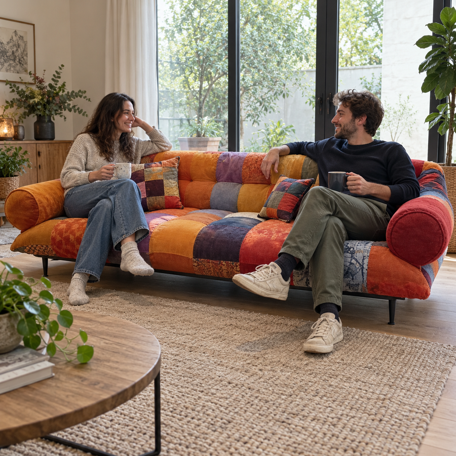 Patchwork-Sofa in Sonnenuntergangsfarben