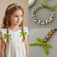Forest Fairy Green Vine Pearl Kids Braided Headband - Image 0
