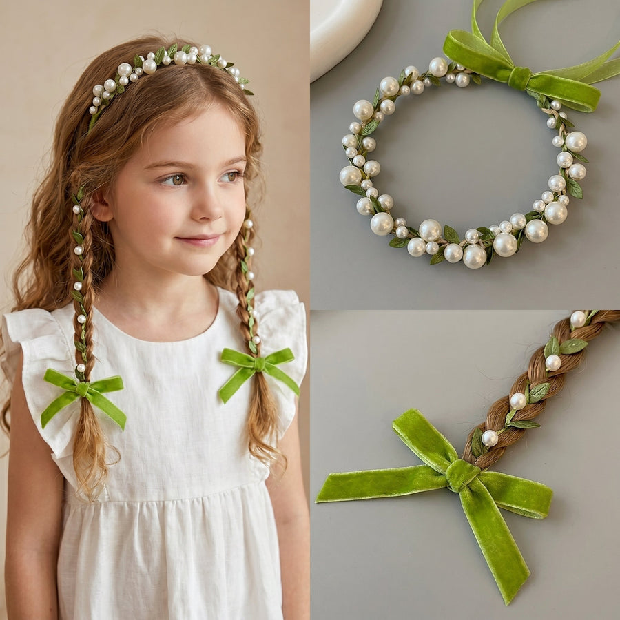 Forest Fairy Green Vine Pearl Kids Braided Headband - Image 0
