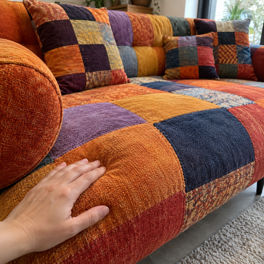Patchwork-Sofa in Sonnenuntergangsfarben