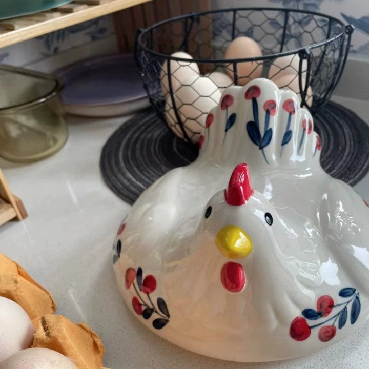 Ceramic Egg Holder Chicken with Wire Basket - Image 3