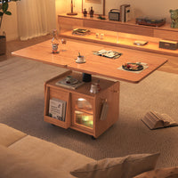 Japandi Natural Wood Liftable Wheeled Accent Table - Image 1