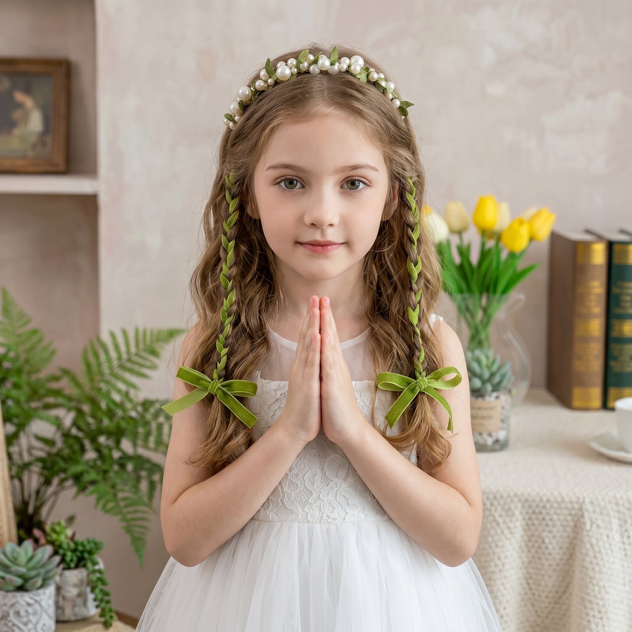 Forest Fairy Green Vine Pearl Kids Braided Headband - Image 1