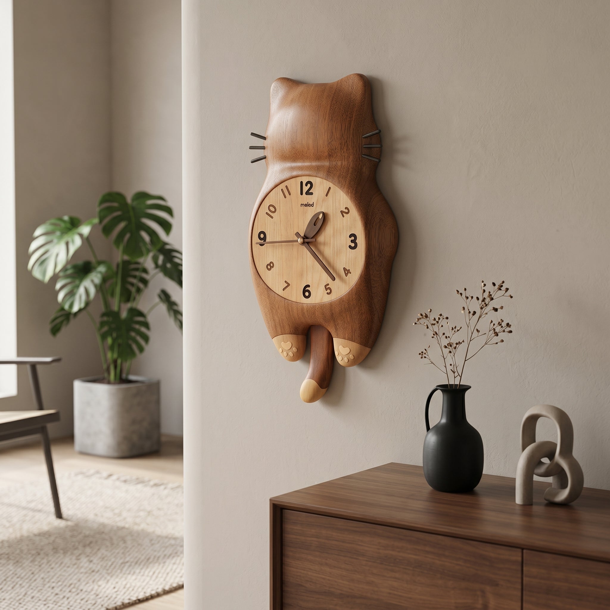 Tail Wagging Cat Shaped Wooden Wall Clock - Image 3