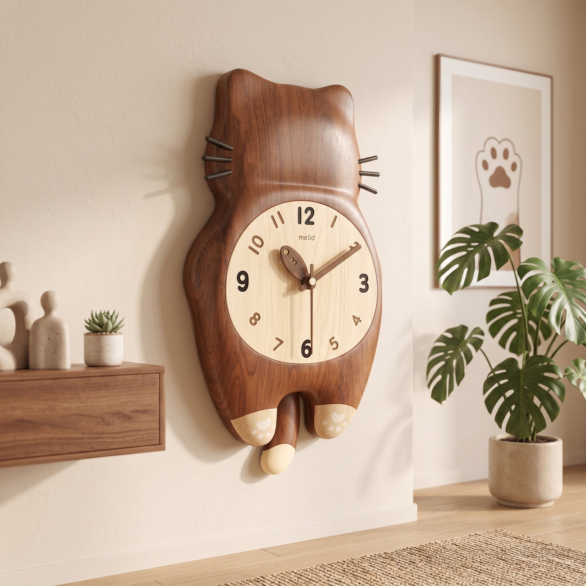 Tail Wagging Cat Shaped Wooden Wall Clock - Image 1
