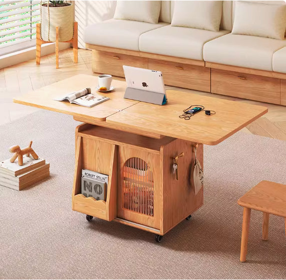 Japandi Natural Wood Liftable Wheeled Accent Table - Image 5