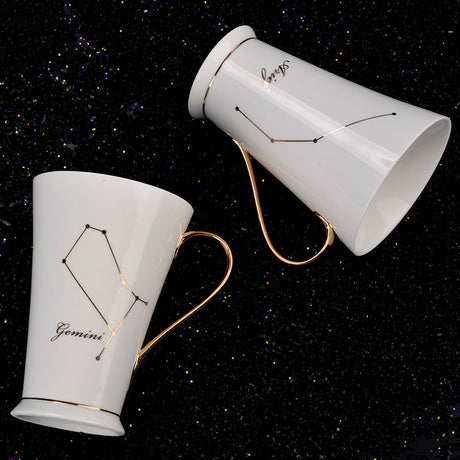 White And Gold Ceramic Coffee mugs with Zodiac Signs - Image 0