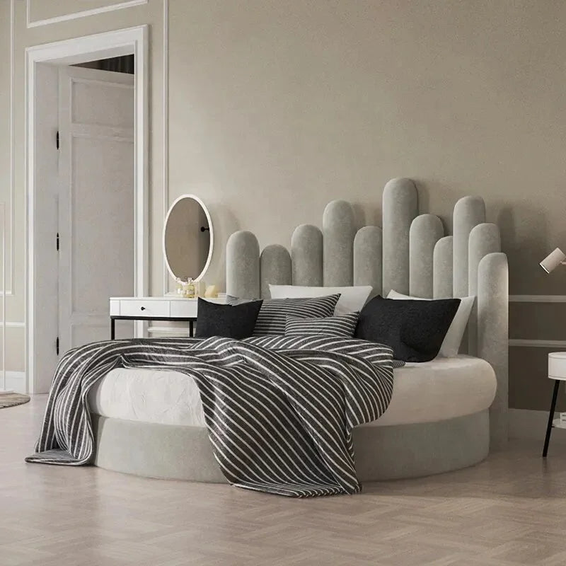 Scandinavian-Inspired Round Upholstered Wave Headboard Bed - Image 2