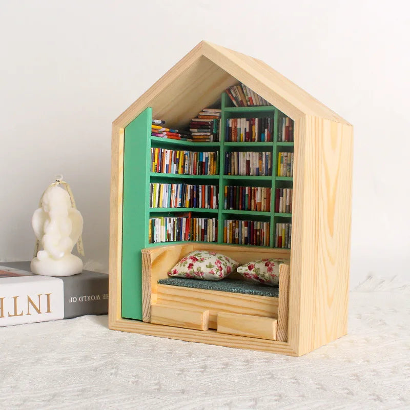 Wooden Library House Reading Nook Miniature - Image 1
