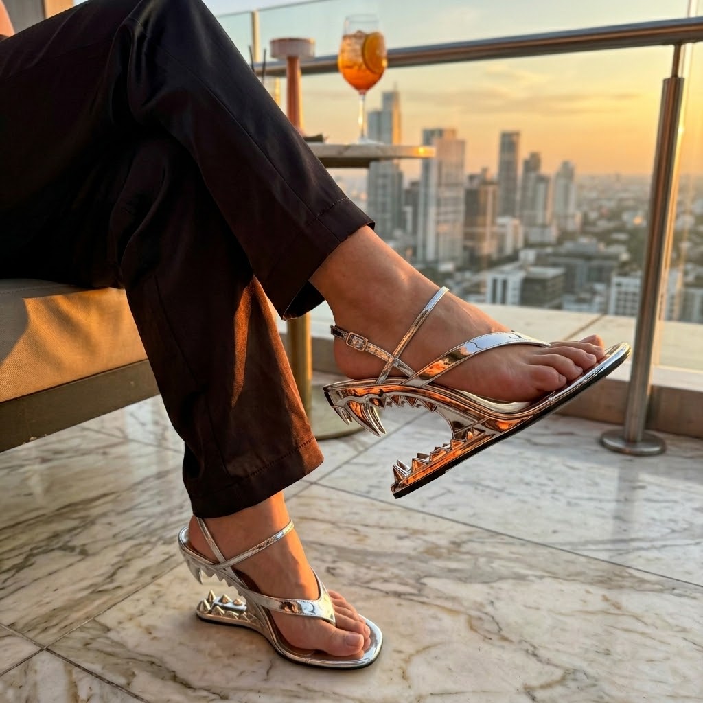 Jawline Metallic Shark-Tooth Heel Sandals